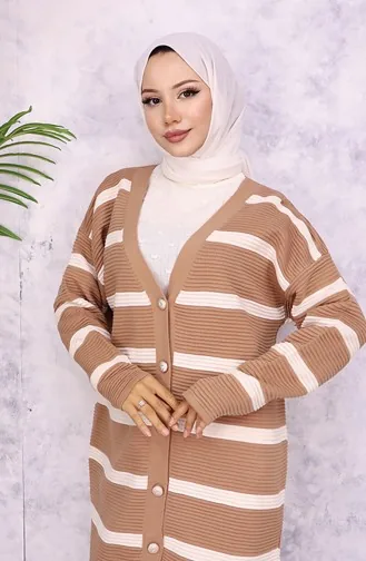 Fitilli Çizgili Triko Hırka 3090-01 Vizon