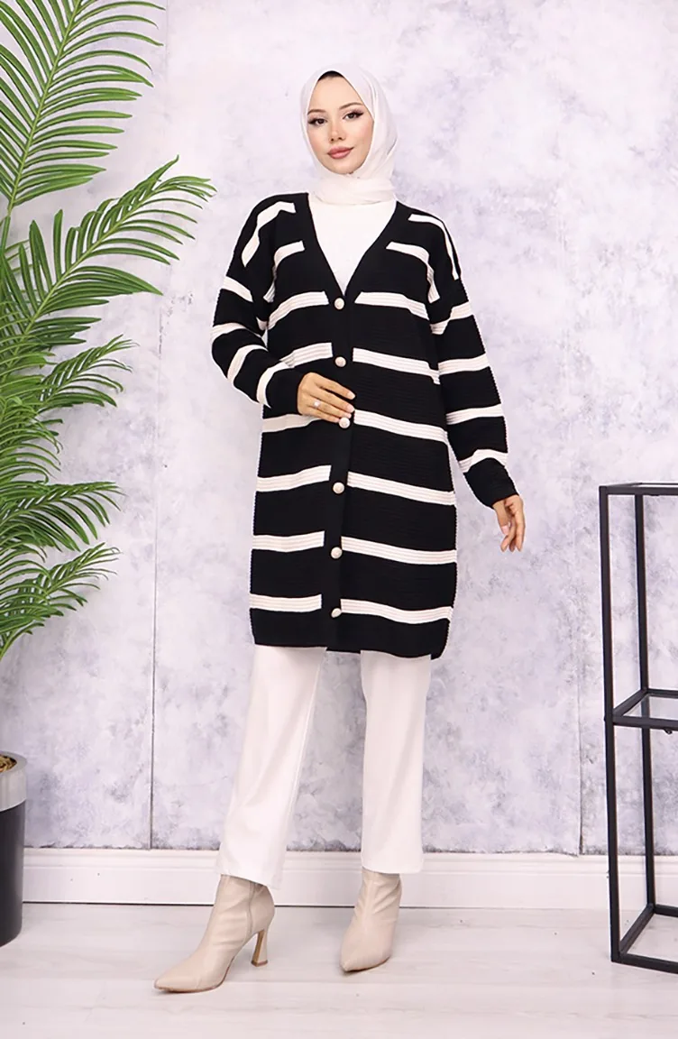 Gerippte Strickjacke Mit Streifen 3090-03 Schwarz 3090-03