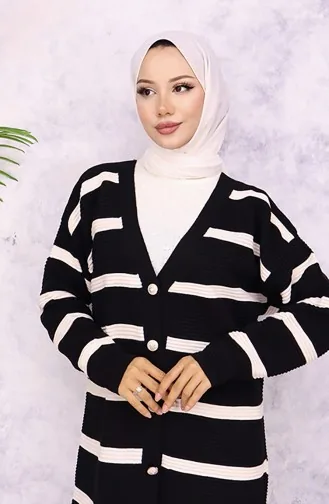 Gerippte Strickjacke Mit Streifen 3090-03 Schwarz 3090-03