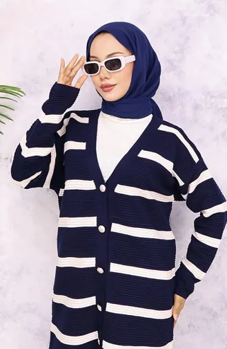 Fitilli Çizgili Triko Hırka 3090-04 Lacivert