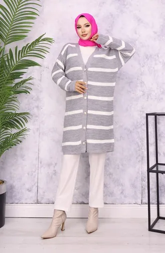 Gerippte Strickjacke Mit Streifen 3090-05 Grau 3090-05