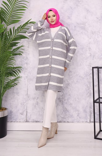 Fitilli Çizgili Triko Hırka 3090-05 Gri