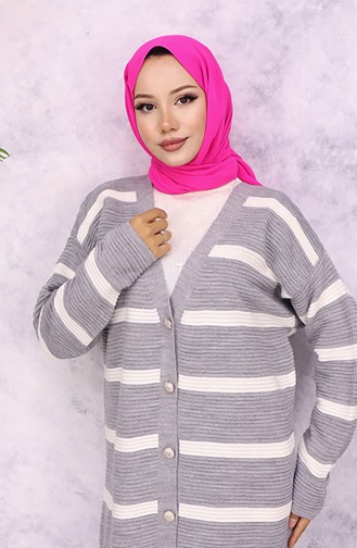 Fitilli Çizgili Triko Hırka 3090-05 Gri