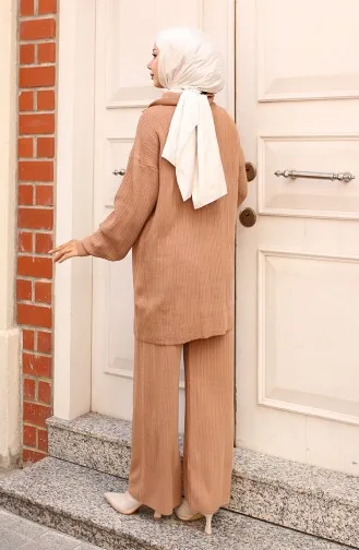 Zippered Collar Ribbed Knitwear Suit 11036-02 Mink 11036-02