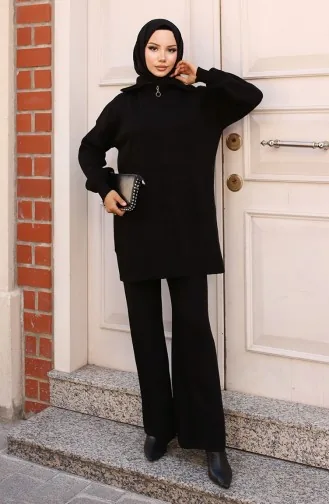 طقم تريكو مضلع وياقة سحاب 11036-03 لون أسود 11036-03