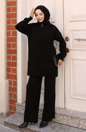 طقم تريكو مضلع وياقة سحاب 11036-03 لون أسود 11036-03