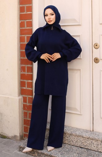 Gerippter Strickanzug Mit Reißverschlusskragen 11036-04 Marineblau 11036-04