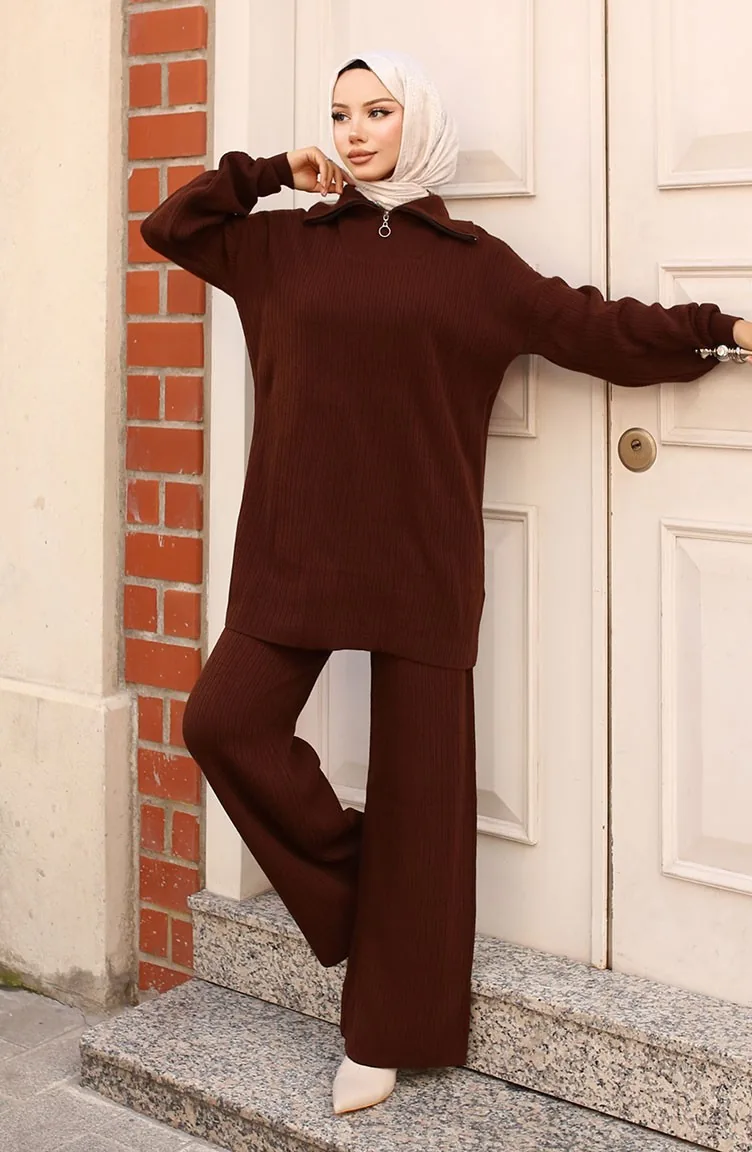 Ensemble Tricot Côtelé Avec Col à Fermeture Éclair 11036-05 Marron 11036-05