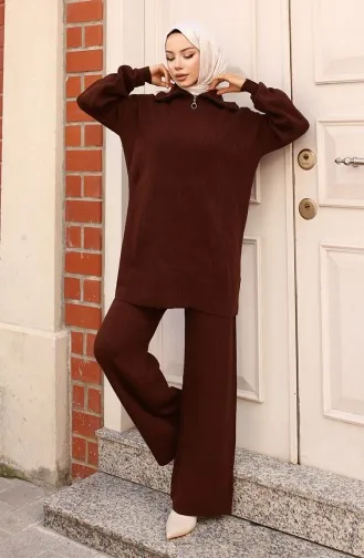Ensemble Tricot Côtelé Avec Col à Fermeture Éclair 11036-05 Marron 11036-05