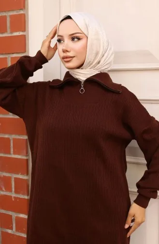 Ensemble Tricot Côtelé Avec Col à Fermeture Éclair 11036-05 Marron 11036-05