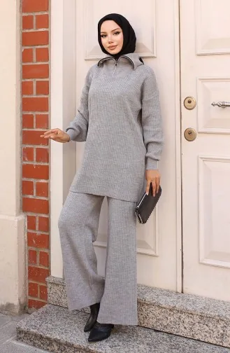 Zippered Collar Ribbed Knitwear Suit 11036-06 Gray 11036-06