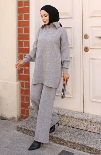 Zippered Collar Ribbed Knitwear Suit 11036-06 Gray 11036-06