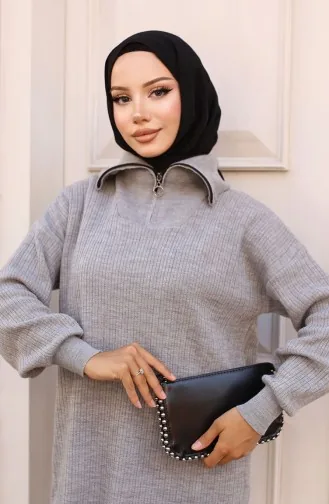 Zippered Collar Ribbed Knitwear Suit 11036-06 Gray 11036-06