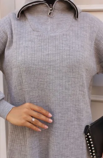 Zippered Collar Ribbed Knitwear Suit 11036-06 Gray 11036-06