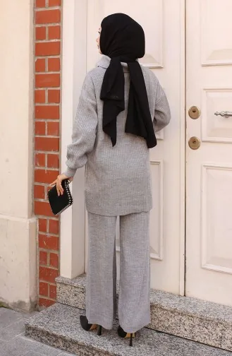 Zippered Collar Ribbed Knitwear Suit 11036-06 Gray 11036-06