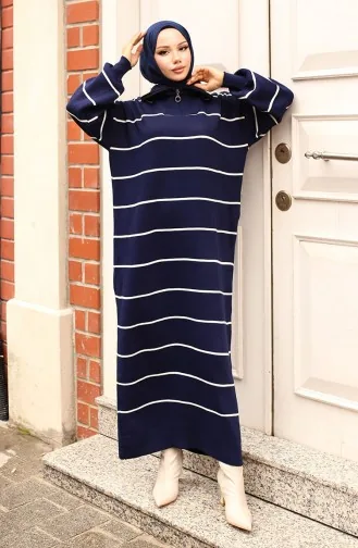 Striped Knit Dress With Zipper Detail On Collar 11038-06 Navy Blue 11038-06