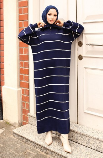 Striped Knit Dress With Zipper Detail On Collar 11038-06 Navy Blue 11038-06