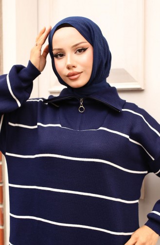 Striped Knit Dress With Zipper Detail On Collar 11038-06 Navy Blue 11038-06