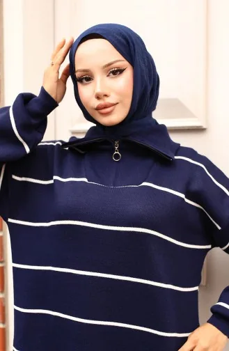 Striped Knit Dress With Zipper Detail On Collar 11038-06 Navy Blue 11038-06