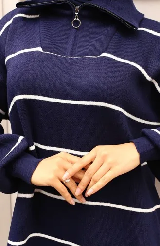 Striped Knit Dress With Zipper Detail On Collar 11038-06 Navy Blue 11038-06