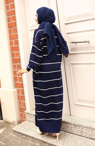 Striped Knit Dress With Zipper Detail On Collar 11038-06 Navy Blue 11038-06