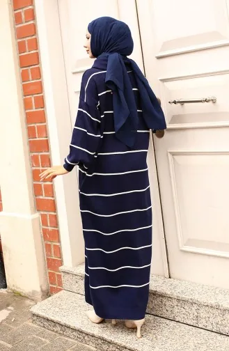 Striped Knit Dress With Zipper Detail On Collar 11038-06 Navy Blue 11038-06