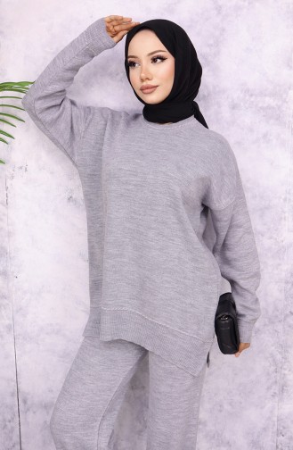 Çizgili Şeritli Triko Takım 3085-01 Gri