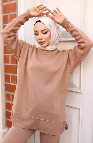 Striped Striped Knitwear Suit 3085-02 Mink 3085-02