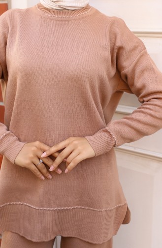 Çizgili Şeritli Triko Takım 3085-02 Vizon