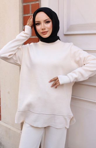 Çizgili Şeritli Triko Takım 3085-04 Ekru