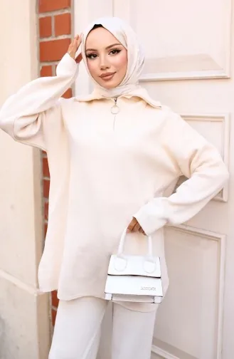 Yakası Fermuarlı Triko Takım 3109-02 Taş