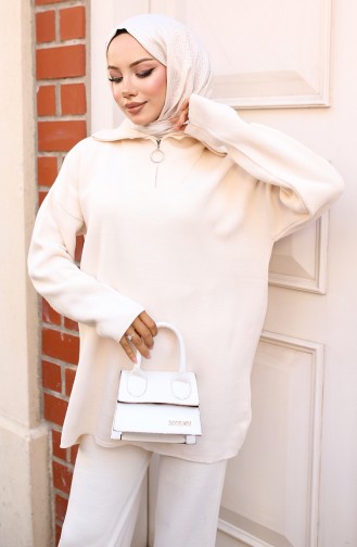 Yakası Fermuarlı Triko Takım 3109-02 Taş