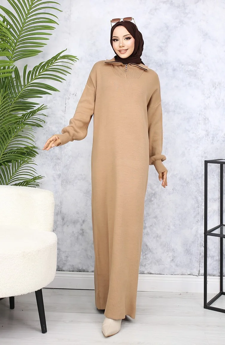 Robe En Tricot à Col Zippé 2441-01 Vison 2441-01