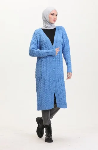 Düğmeli Uzun Triko Hırka 0377-02 Mavi