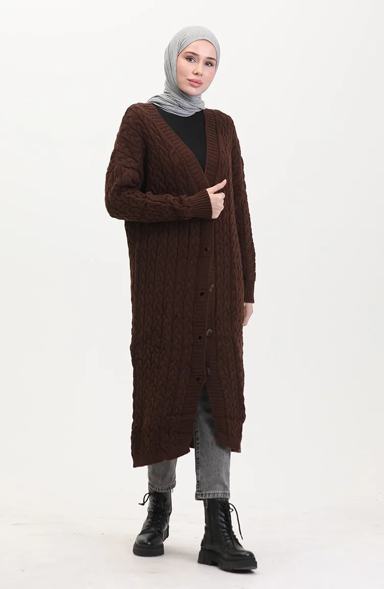 Geknöpfte Lange Strickjacke 0377-05 Braun 0377-05