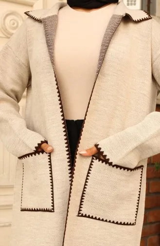 Zigzag Detailed Long Pocket Knitwear Cardigan 24405-01 Stone 24405-01