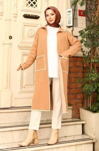 Cardigan En Tricot à Poches Longues Et Détails En Zigzag 24405-02 Café Au Lait 24405-02