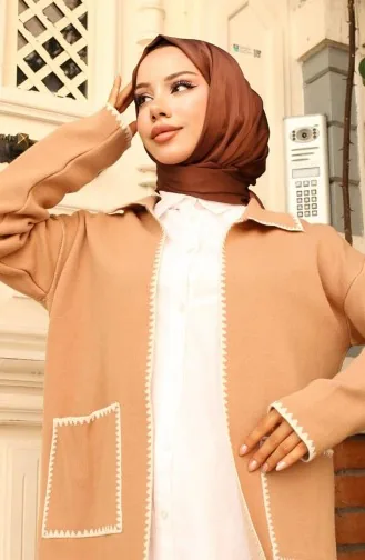 Cardigan En Tricot à Poches Longues Et Détails En Zigzag 24405-02 Café Au Lait 24405-02