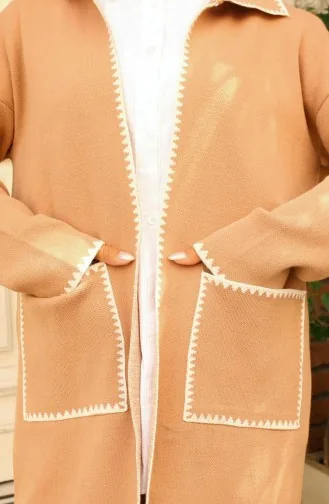 Cardigan En Tricot à Poches Longues Et Détails En Zigzag 24405-02 Café Au Lait 24405-02