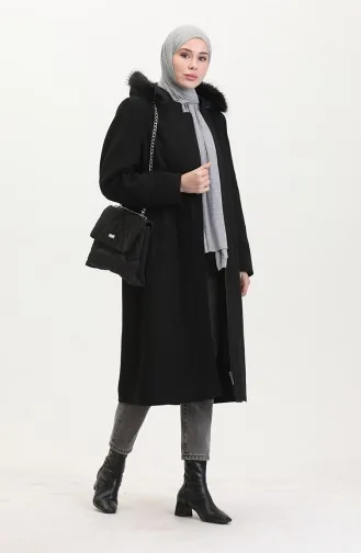 Büyük Beden Kapüşonlu Gizli Fermuarlı Kaban 5074-01 Siyah