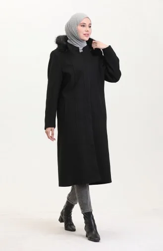 Büyük Beden Kapüşonlu Gizli Fermuarlı Kaban 5074-01 Siyah