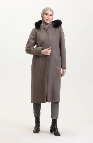 Büyük Beden Kapüşonlu Gizli Fermuarlı Kaban 5074-05 Vizon