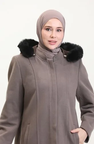 Büyük Beden Kapüşonlu Gizli Fermuarlı Kaban 5074-05 Vizon