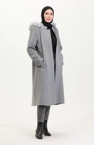 Large Size Hooded Hidden Zippered Coat 5074-06 Light Gray 5074-06