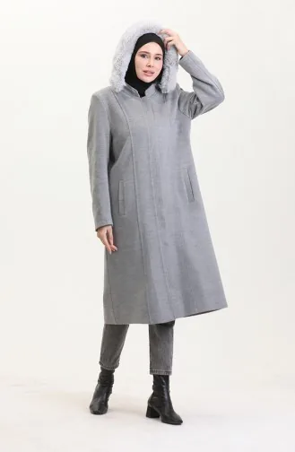 Large Size Hooded Hidden Zippered Coat 5074-06 Light Gray 5074-06