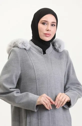 Large Size Hooded Hidden Zippered Coat 5074-06 Light Gray 5074-06