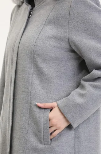 Large Size Hooded Hidden Zippered Coat 5074-06 Light Gray 5074-06