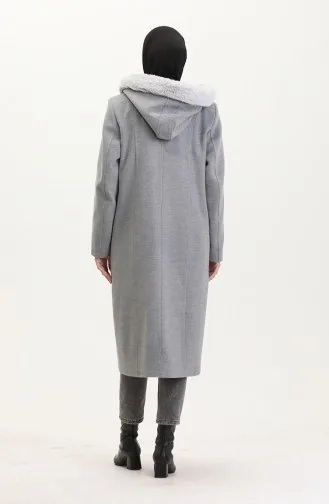 Large Size Hooded Hidden Zippered Coat 5074-06 Light Gray 5074-06