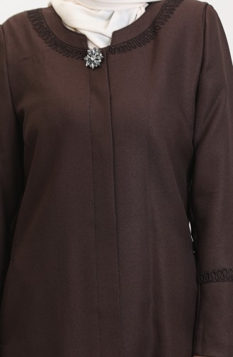 Plus Size Brooch Detailed Topcoat 0472-06 Khaki 0472-07