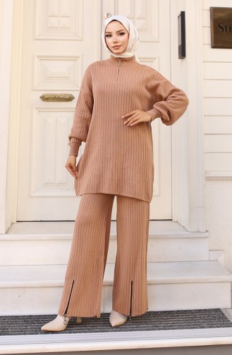 Paçası Fermuarlı Triko Takım 11030-06 Vizon